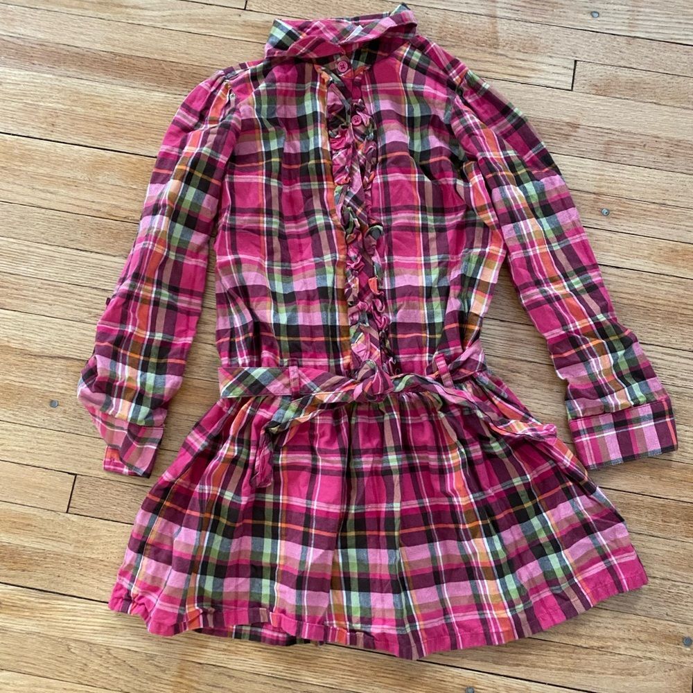 Gymboree Girl 8 Plaid Pink and Green Dress Tunic Belted Full Button Frill Front